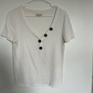 American Eagle Outfitters White Ribbed Button Tee